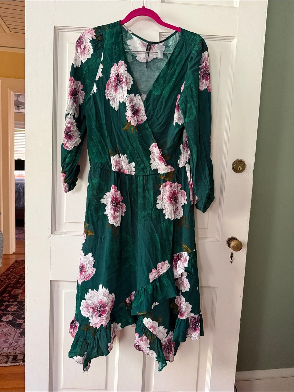Plenty by Tracey Reese Green Floral Wrap Midi Dress with Pink Blooms